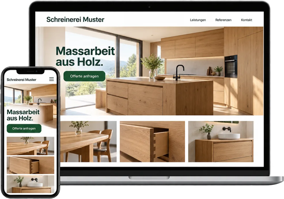 Laptop und Handy zeigen die fertige Webseite einer Schreinerei mit einer Eichenküche